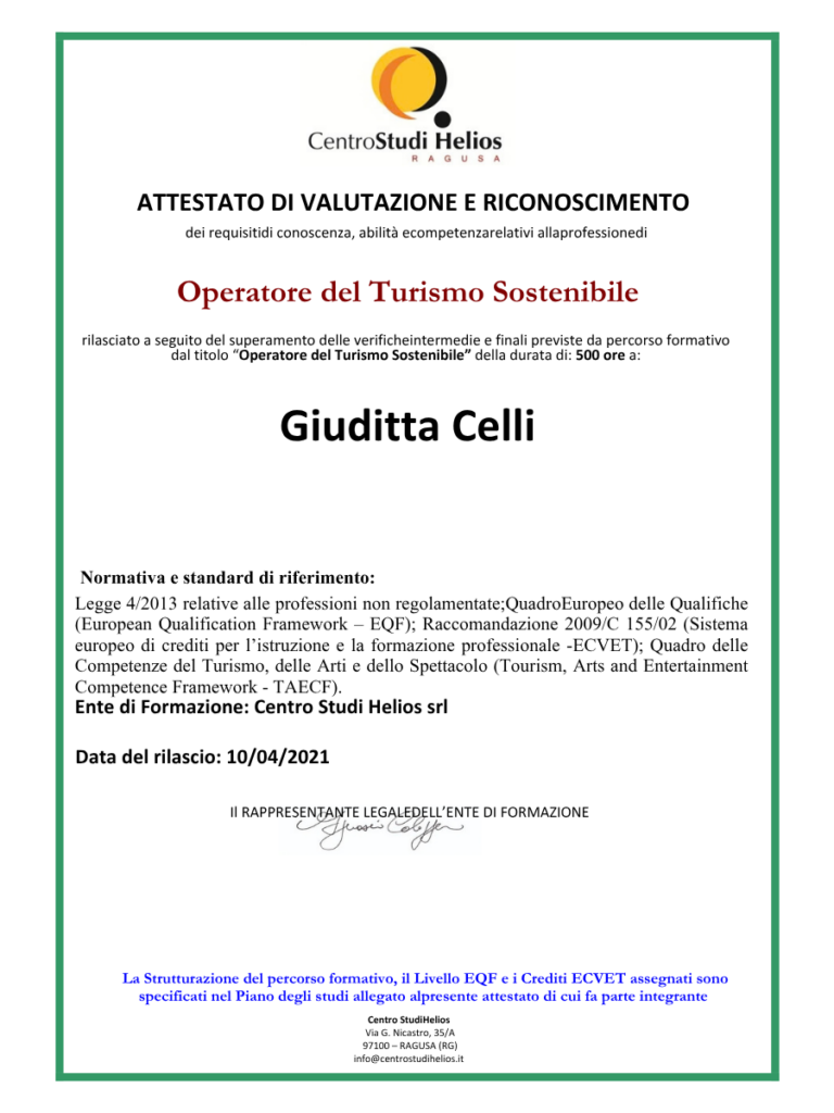 attestato di completamento del corso per il turismo sostenibile