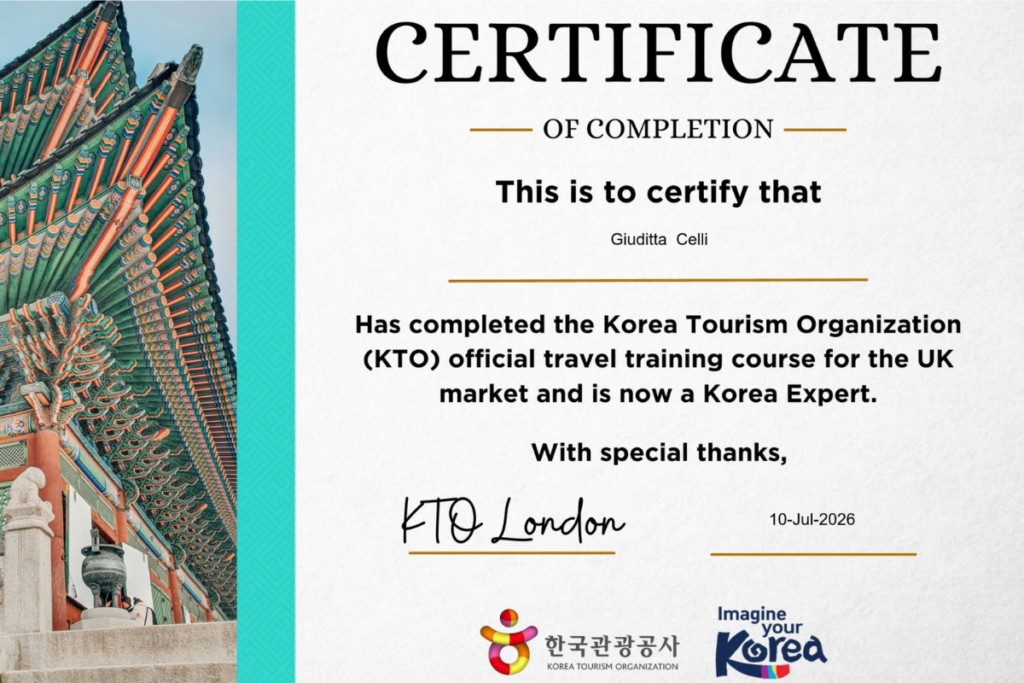 attestato di completamento del corso sul turismo in corea per agenti di viaggio specializzati e travel designer